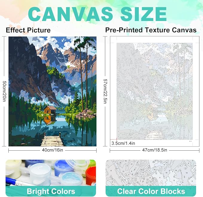 GEEHEIY Paint by Numbers Kit for Adults, Mountain Lake Cabin, 16 x 20 Inch | DIY Adult Paint by Number Kit on Canvas for Beginners, without Frame, Nature Wall Decor, Stress Relief Craft Gift