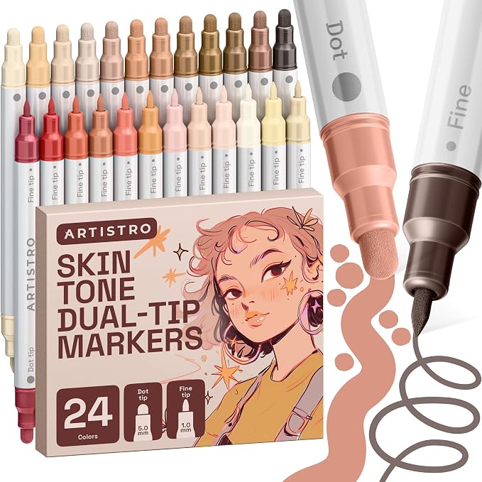 ARTISTRO Skin Tones Dual-Tip Acrylic Paint Marker Pens - Set of 24 | For Fabric, Rock, Glass, Wood, & Coloring Books, Arts & Crafts Gift, Classroom Must Haves & School Supplies (Dot & Fine Tips)