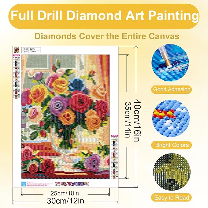 Ycydilirab Flower Diamond Art Kits for Adults-Diamond Paintings for Adults,Flowers DIY Gem Art for Adult Perfect for Relaxation and Home Wall Decor 12x16inch