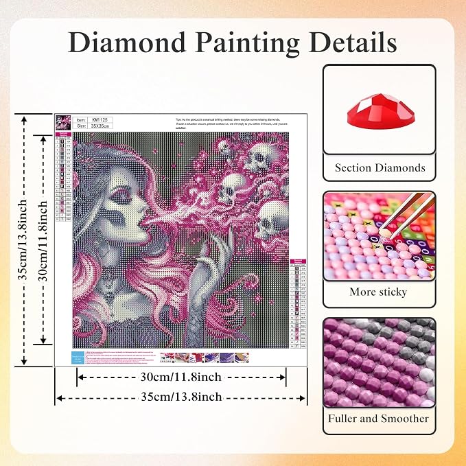 5D Gothic Skull Diamond Art kits for Adults Beginners 13.7x 13.7 Inch | Pink Hair Lady Diamond Painting Kit, DIY Full Round Drill Paint by Diamonds Dot Gem Art for Adult, Home Wall Decor