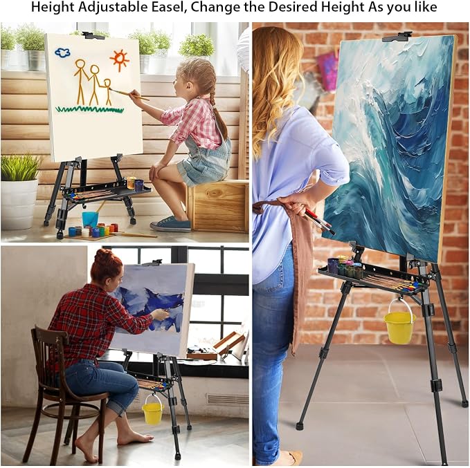 Art Easel Aluminum Alloy Portable Extendable Easel with Hand Crank Adjustable to 61.8 '' Drawing Board Holder, Compass, Level and Storage Bag -for Artists, Painters, Sketching, Outdoor Painting