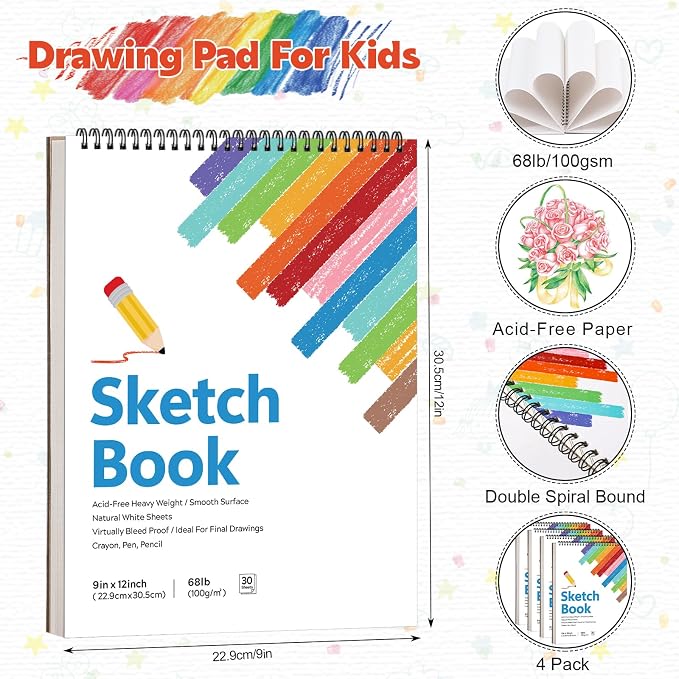 Sketch Book 9 x 12 Inch Drawing Pad for Kids Adults Beginners Acid Free Paper Spiral Bound Sketchbook for Drawing Colored Pencils Charcoal Pastels Art Class Travel