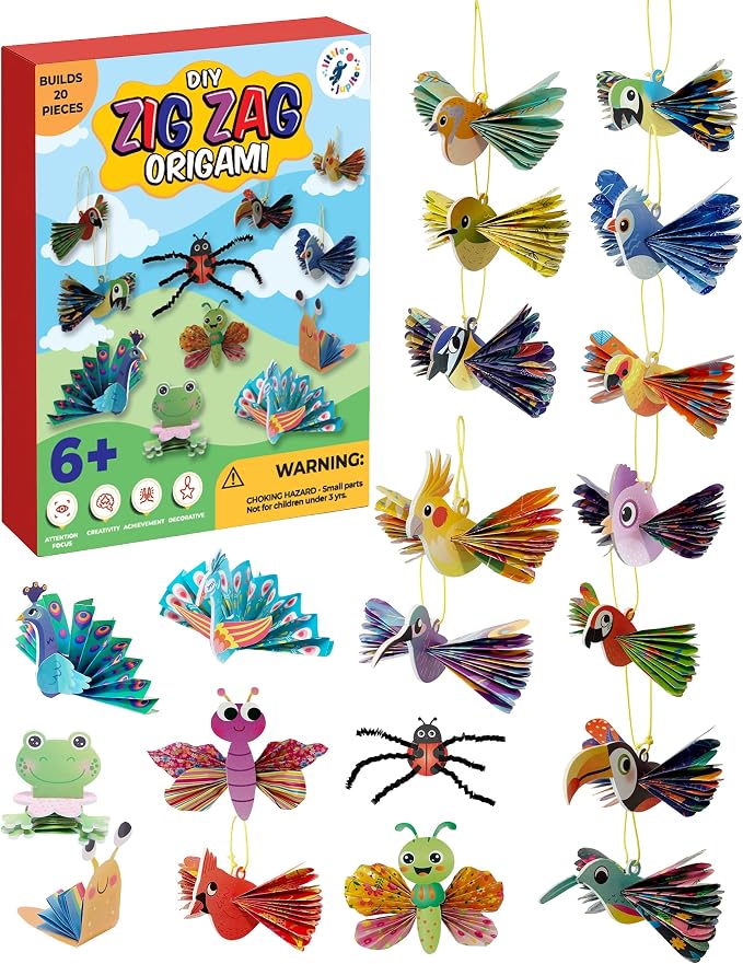 DIY Zig Zag Origami - Beginner Origami & EVA Foam & Paper Craft Kit for Kids 6-10 Yrs - Boys & Girls Build 20 Hanging Birds, Insects, & More - Use for Room Decoration, Christmas Ornaments, & More