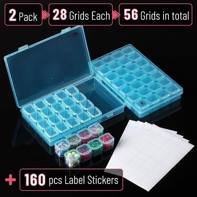 Mr. Pen- Bead Storage Containers, 28 Grids, 2 Pack, Transparent Blue | 160pcs Label Stickers, Transparent, Small Bead Organizer Box, Diamond Art, Diamond Painting Organizer