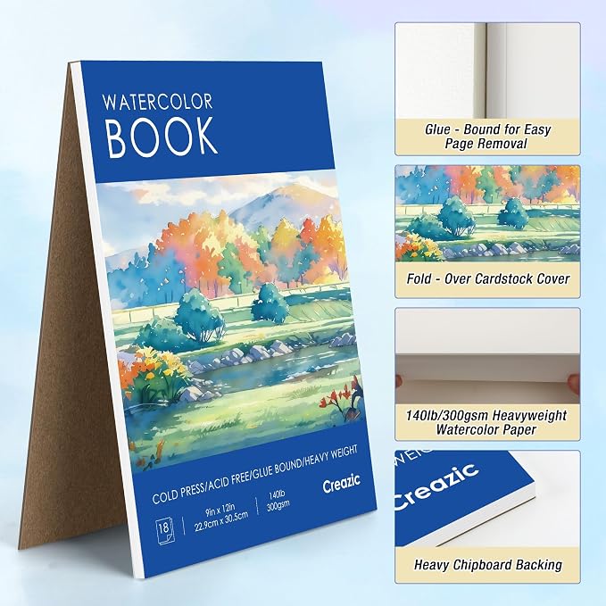 Creazic Watercolor Paper Pad, 9"x12", 140lb/300gsm Cold Press Artist Paper
