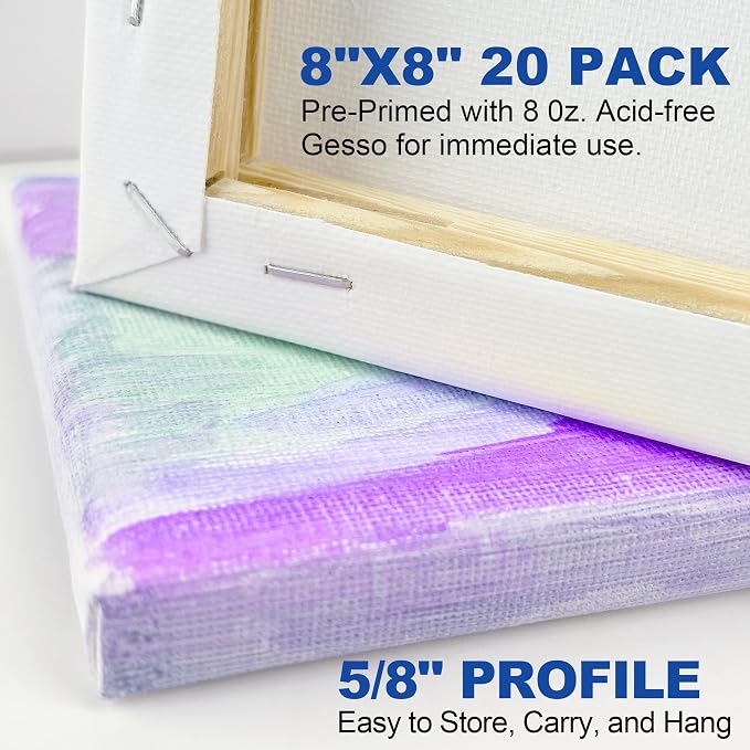 Halobios Professional Stretched Canvases for Painting with 8x8 Inch, 20 Packs Blank Painting Canvas for Acrylics,Oils & Other Painting Media, 5/8 Inch Profile 100% Cotton Artist Framed Canvas