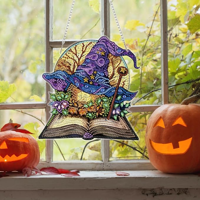 Bowetile Magic Witch Hat Diamond Art Hanging Kits for Adults, Halloween Diamond Art Suncatchers Spell Book, 5D Special Shape Diamond Painting Pendant Window Ornament Gift for Home Wall Decor