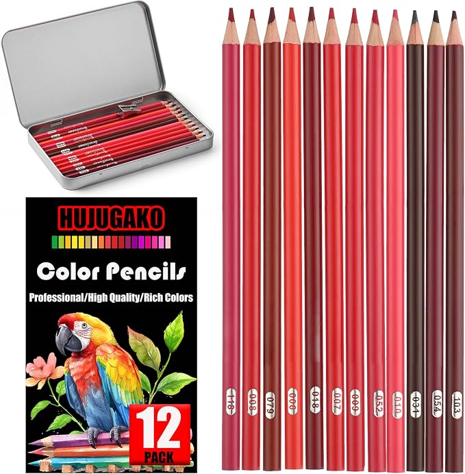 12 Red Colored Pencils,Oil Based Colored Drawing Pencil Set for Adults Coloring Books Drawing Sketching Art Supplies