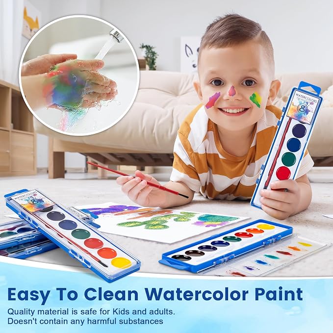 72 Pack Watercolor Paint Set, Washable Water Color Paint Bulk for Kids | Water Color Paint with Brushes, Ideal Gifts for Party Favors, School Supplies & Classroom Prizes, Art Activities, 8 Colors
