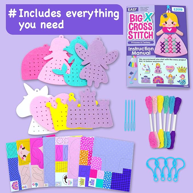 EZCRA Princess Cross Stitch Kit for Kids Ages 4-8, 8 No Mess Felt Projects