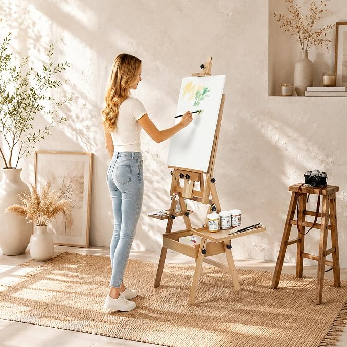 MEEDEN Painting Easel with Storage and Tray: H-Frame Beech Wood Art Easel | Easel Stand for Adults, Artists, Students, Beginners - Adjustable 50"-80" H, Holds Canvas Up to 47 Inches