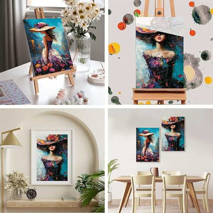 2 Pack Woman Framed Paint by Numbers Kit for Adults Beginner 8x12inch | Colorful Woman With Hat Adult Paint by Number Kits on Canvas with Wooden Easel, Oil Painting Kits for Adults for Home Decor
