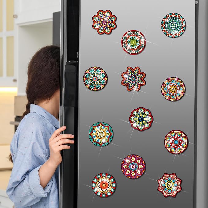 Zonon 12 Pcs Mandala Diamond Art Fridge Magnets Decorative | Colorful Mandala Patterns for Refrigerator, Diamond Painting Magnetic Stickers, Easy Apply Remove, Adults Home Decor
