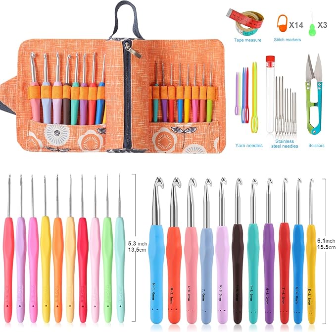 Vodiye 21 Sizes Ergonomic Crochet Hooks Set 0.5–10.0mm with Roll Bag, Soft Grip Crochet Needles for Crocheting Comfort
