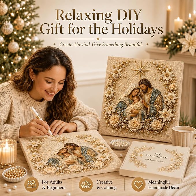 DIY Christmas Pearl Diamond Painting Kit, 5D Pearl Art Craft for Adults and Beginners, Christmas Church and Jesus Wall Decor, Holiday Gifts, 12 x 12 Inch (Jesus Design B)