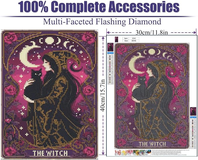 GQYCZZ Halloween Witch 5D Diamond Art Kits for Adults, Gothic Cat Diamond Painting Kits for Beginners, DIY Tarot Card Full Drill Round Diamond Painting Gem Art for Beginner, Home Wall Decor 12 x 16In