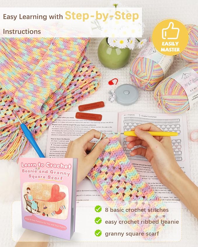 Katech Crochet Kit for Beginners w/Step-by-Step Instruction for Hat, Scarf