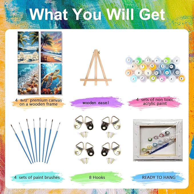 4 Pack Beach Paint by Numbers for Adults with Framed Canvas - Wooden Easel | Beach Paint by Number on Canvas, DIY Sea Turtle Acrylic Oil Painting Kits with Brushes for Home Wall Decor (8x12 inch)