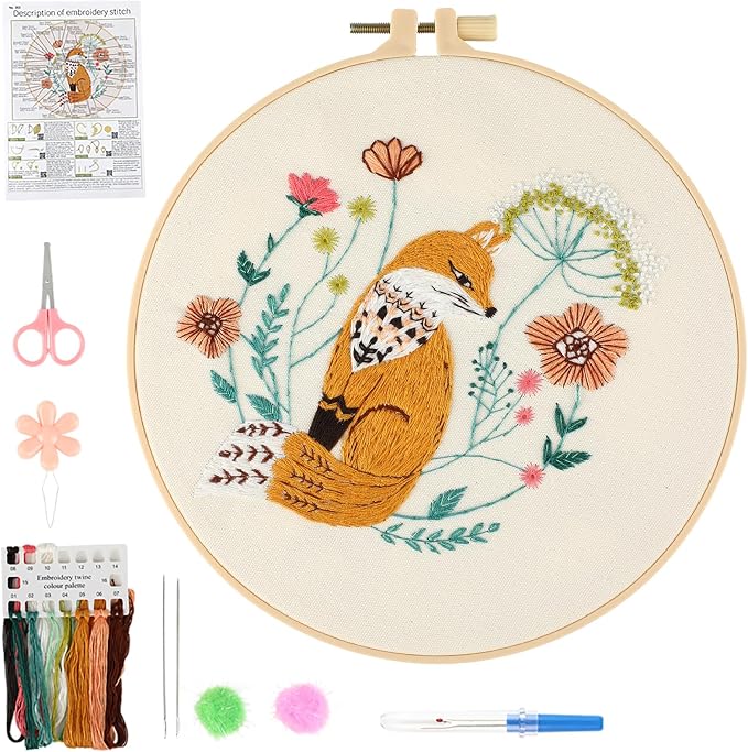 Beginner Fox Embroidery Kit for Adults, Pre-Printed with Video Tutorial