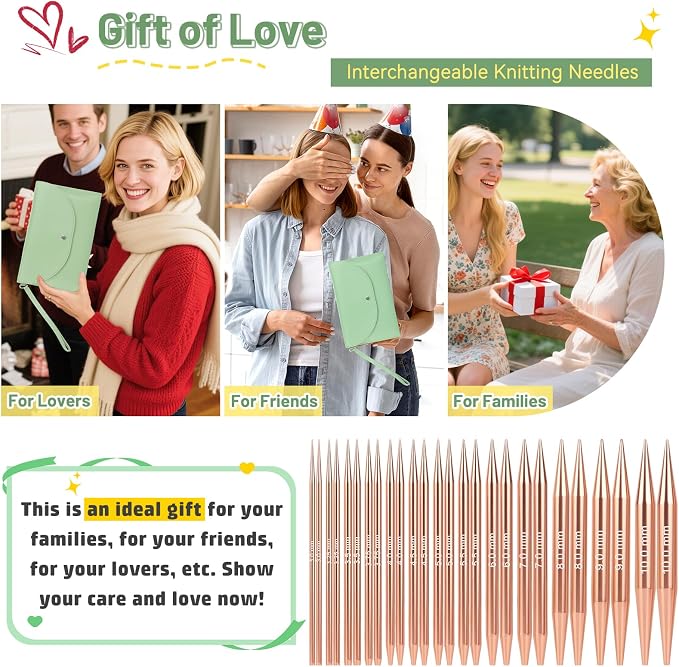 Aeelike 13 Pairs Interchangeable Knitting Circular Needles 3-10.0mm, Green | Aluminum Interchangeable Knitting Needles with 4 Cables, Smooth Complete Needles Set for Socks Blankets Sweaters, Ideal Gift