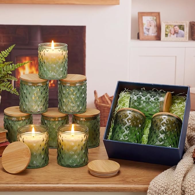 Acellegic 20 Pack Green Candle Jars for Making Candles 7 oz Empty Glass Jars with Bamboo Lids Cylindrical Candle Containers Bulk for DIY, Table Decor, Wedding Party