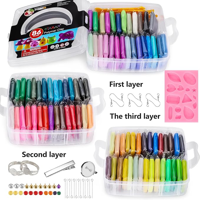 CiaraQ 86-Color Polymer Clay Oven Bake Modeling Kit | 14 sculpting tools, 3-layer storage box, silicone mold, acc. pack, guide. Great for school, home, gifts, kids & artists.