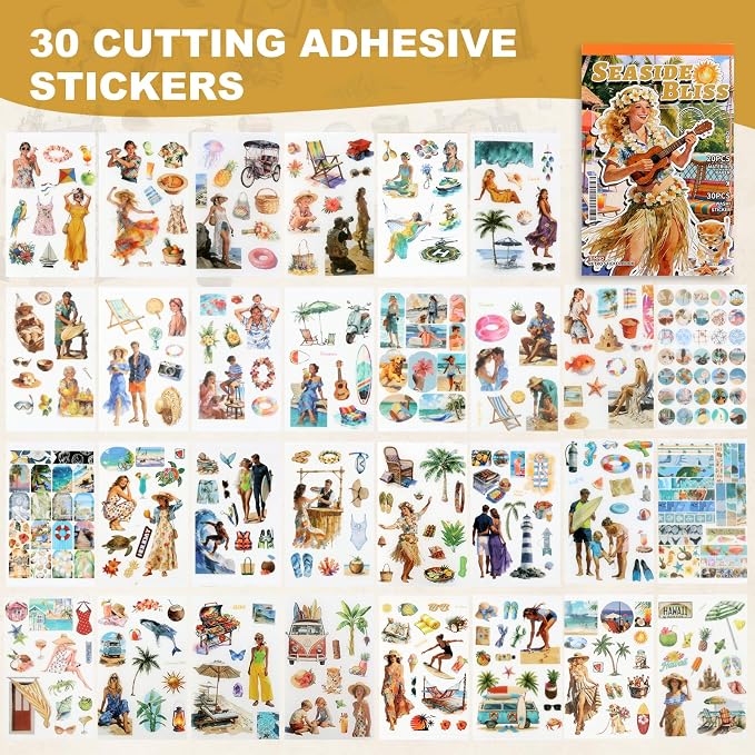 Scrapbooking Stickers 300 Pre-Cut Washi Stickers & 20 Scrapbook Papers Summer Beach Sticker journaling Supplies People Sticker Books for journaling