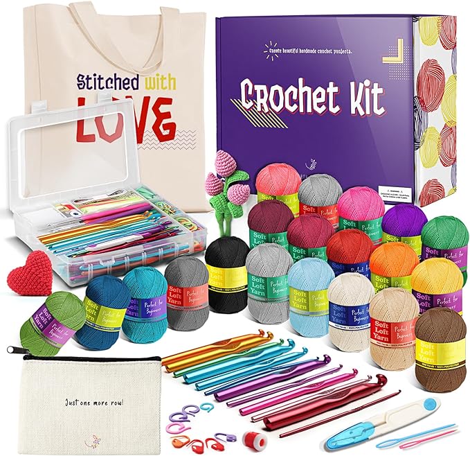 Hearth & Harbor Crochet Kit with 1100 Yards Assorted Yarn Kit, 9 Ergonomic Hooks, Crocheting Instruction, Knitting & Crochet Supplies - Beginner Crochet Kits for Adults, Ideal for Amigurumi