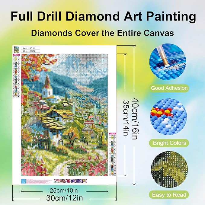 Ycydilirab Landscape Diamond Painting for Adults-5D Diamond Painting,European Town DIY Gem Painting Perfect for Relaxation and Home Wall Decor 12x16inch