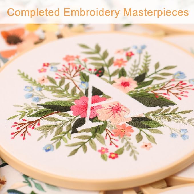 Harimau Letter A Pattern Embroidery Kit for Adult Beginners, Complete Starter Pack with 1 Hoop, Needles, Instruction Guide & Embroidery Stitch Video Tutorials