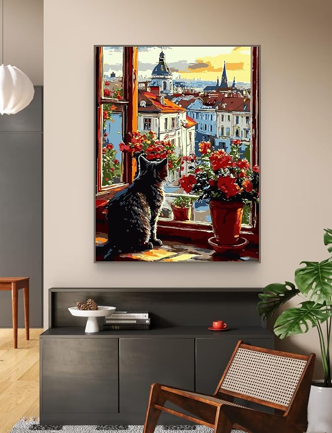ZRIZQ Paint by Numbers Kit for Adults Beginner,Cityscape Cat,16x20 | Full set with wooden brushes,rolled canvas,rich paints.Calming activity.Beginner friendly.Just open and paint.