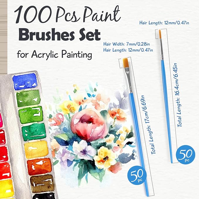 Halobios 100 Pcs Paint Brushes Set for Acrylic Painting, 50 Pcs Flat and 50 Pcs Round Art Paint Brushes, Painting Brushes for Kids Adults Oil Watercolor Rock Painting Body Face Nail Art