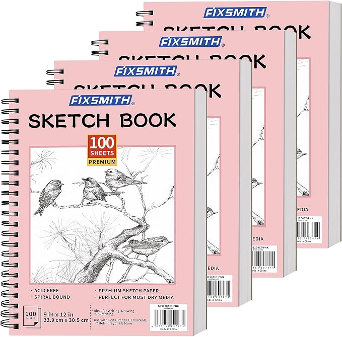 FIXSMITH 9"X12" Sketch Book, 100 Sheets, 68 lb/100gsm,4 Pack Pink | Acid Free Drawing Paper | Spiral Bound Artist Sketch Pad | for Kids, Beginners, Artists & Professionals | Bright White