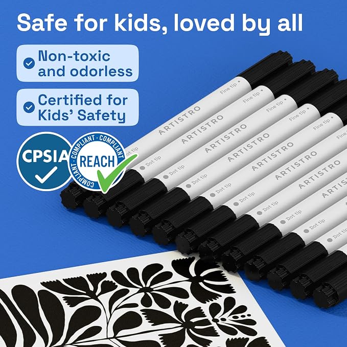 ARTISTRO Black Dual-Tip Acrylic Paint Marker Pens - Set of 12 | For Fabric, Rock, Glass, Wood, & Coloring Books, Arts & Crafts Gift, Classroom Must Haves & School Supplies (Dot & Fine Tips)
