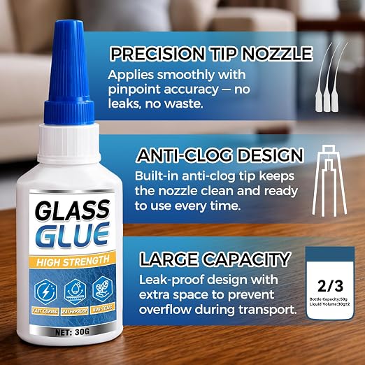 Glass Glue Clear, 30g Super Glue for Glass, Acrylic, Mirror, Jewelry, Crafts & Rhinestones Adhesive, Fast-Curing & Weatherproof