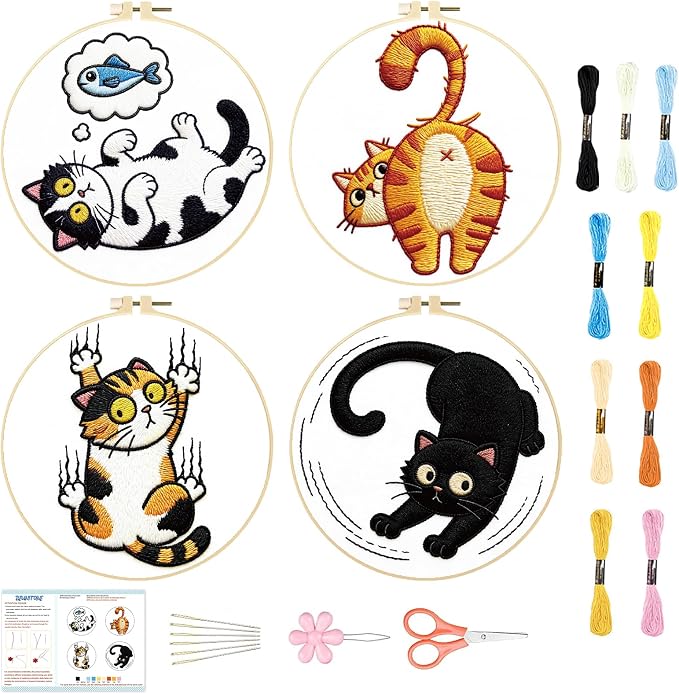 BEUNITONE 4PCS Fun and Funny Cat Embroidery Kit for Beginners, Cute Pre-Print Cat Pattern Hand Embroidery Kits with Hoop and Instruction, DIY Needlepoint Craft Kit for Gifts and Home Decor