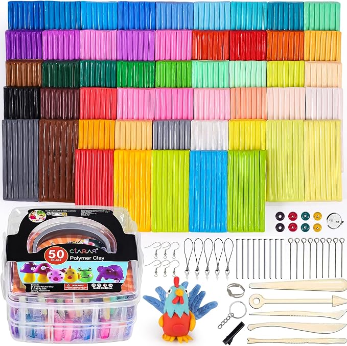 CiaraQ 50-Color Polymer Clay Oven Bake Modeling Kit | Heavier than most clay sets – 28g per block vs 20g. 50 colors, 2-layer storage box, Non-toxic. Great for kids & beginners
