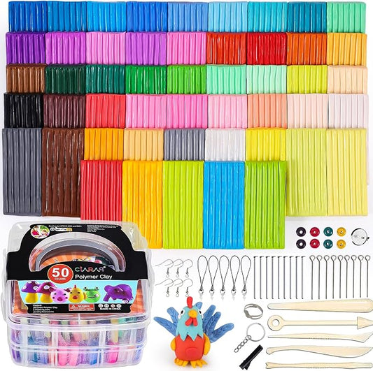 CiaraQ 50-Color Polymer Clay Oven Bake Modeling Kit | Heavier than most clay sets – 28g per block vs 20g. 50 colors, 2-layer storage box, Non-toxic. Great for kids & beginners