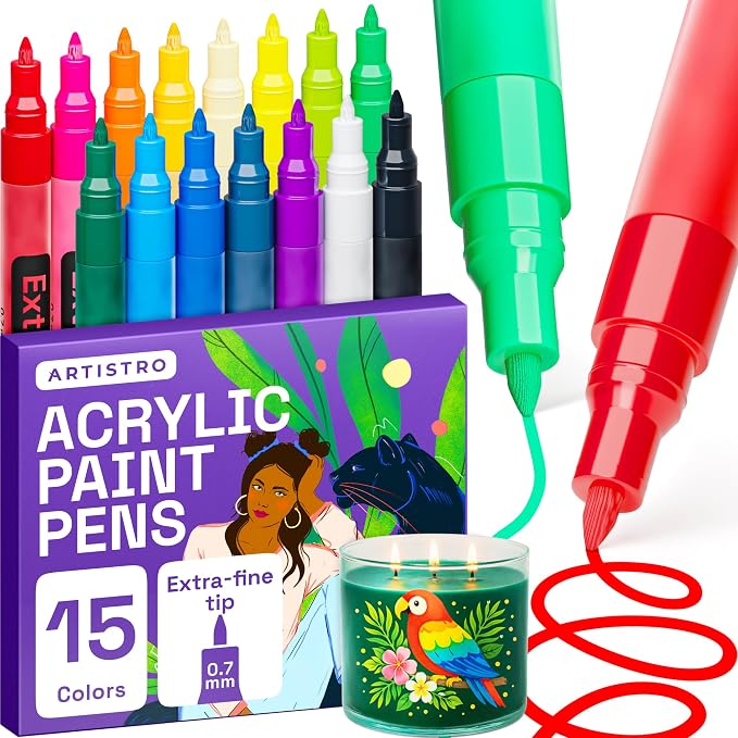 ARTISTRO 15 Acrylic Extra-Fine Glass Marker Pens for Wine Glasses | Extra-FineTips Vibrant Dual Tip Paint Pens for Party Charms, DIY, Craft - Art and Craft Supplies for Adults, Teens, Kids