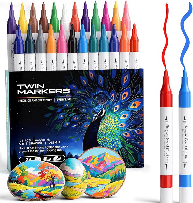 WELLOKB 24 Colors Dual Tip Brush & Fine Acrylic Paint Markers, Fabric Markers, Permanent Acrylic Paint Pens for Wood, Glass, Rocks, Paper, Coloring book, Ceramic, DIY Crafts for Adults