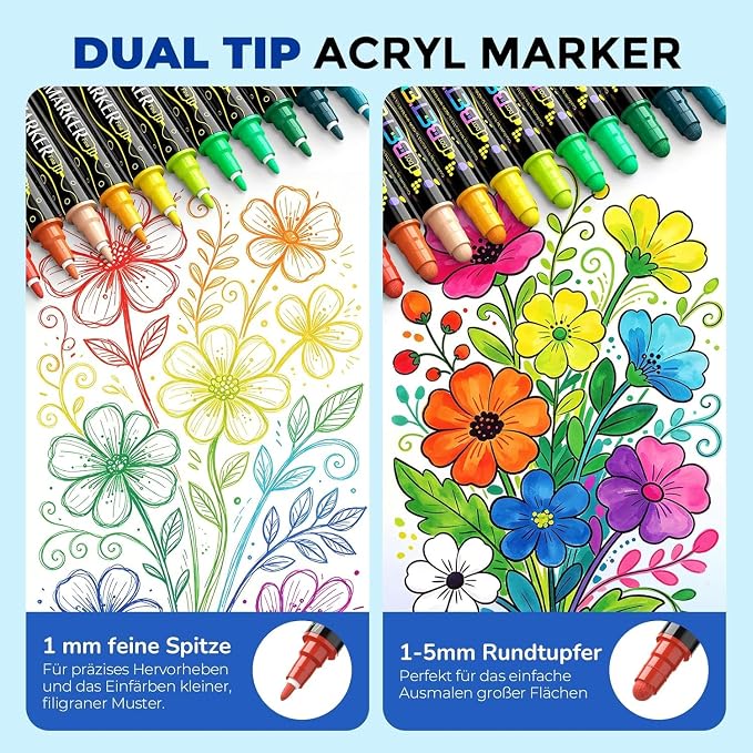 Betem48 Colors Dual Tip Acrylic Paint Markers, Fabric Decorating Kits | Premium Water-Based Acrylic Paint Pens Art Supplies for Fabric, Rock, Wood, Glass, Canvas, Ceramic, School Supplies