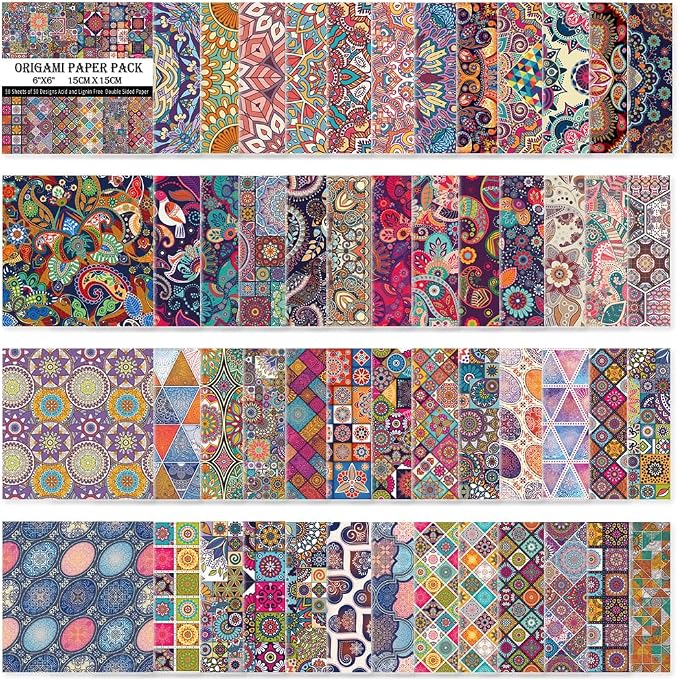Origami Paper 50 Sheets, 6-Inch Square Double Sided Colored Craft Paper | 70GSM colorful paper,50 Vivid Pattern Origami Kit,DIY Hand Crafts,Arts Creativity,Easy to Fold,No-Fading.Ethnic Style