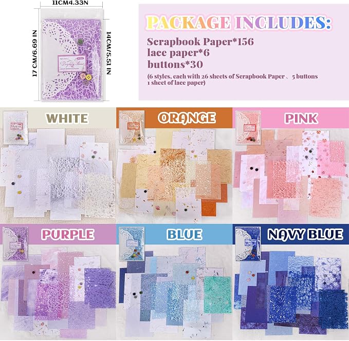 156 Sheets Textured Scrapbook Paper & Mesh Fabric Assorted Set, 30 Buttons