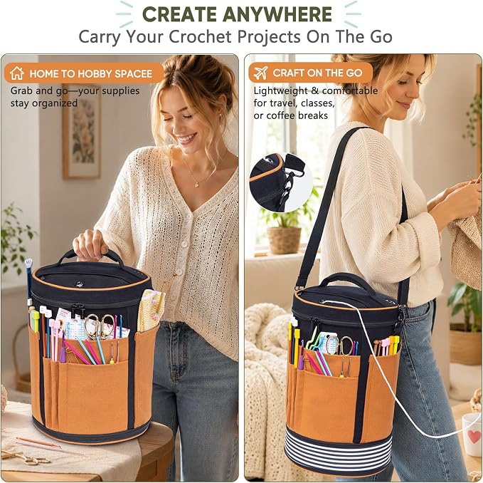 Canvas Yarn Storage Organizer with Removable Dividers, Crochet&Knitting Bag | Expandable canvas yarn organizer with removable dividers, yarn feed holes, project storage and multiple tool pockets