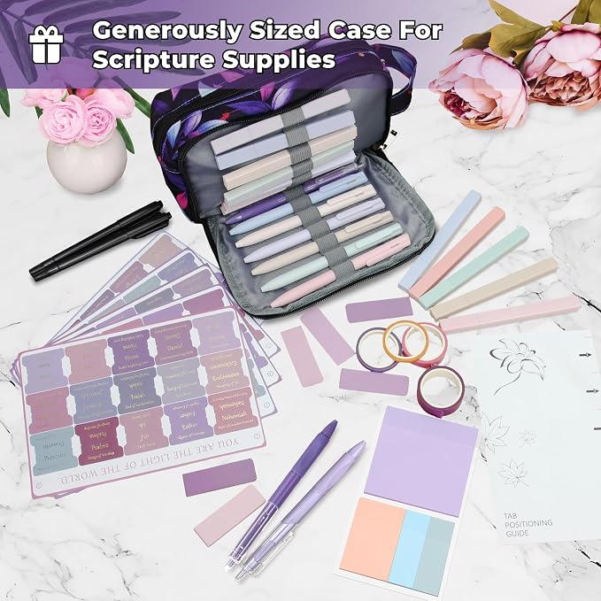 48 Pcs Bible Study Supplies for Women, Bible Journaling Kit Includes Bible Pencil Case, Tags, Pens, Highlighters, 4 Color Clear Sticky Notes, Notebook, 15 Clips, 4 Rolls of Washi Tape & More (Purple)
