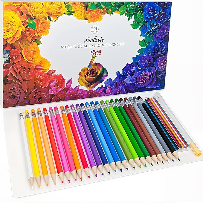 24 Mechanical Colored Pencils with 24 Refills, Oil-Based Soft Core