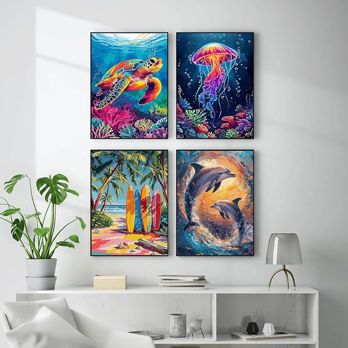 VeGuude Diamond Art Kits for Adults,4 Pack Marine Animals Diamond Painting Dots Art Kits for Adults Beginner, Sea Turtle DIY Full Round Gem Crystal Art Paint by Diamond, Home Wall Decor 12x 16 in