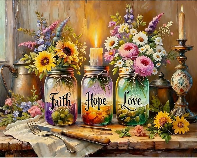 Faith Hope Love Wishing Bottle Paint by Numbers Kit for Adults 16x20 inch | Adult Paint by Number Kits on Canvas, DIY Acrylic Oil Painting by Numbers for Gift Home Wall Decor (Without Frame)