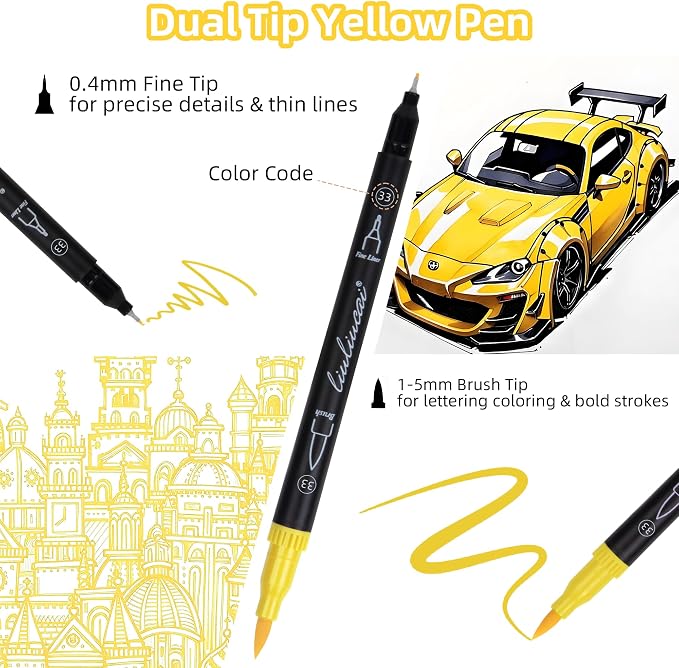 LIULIUCAI 10 Yellow Dual Markers, Fine & Brush Tip Pen for Adult Coloring