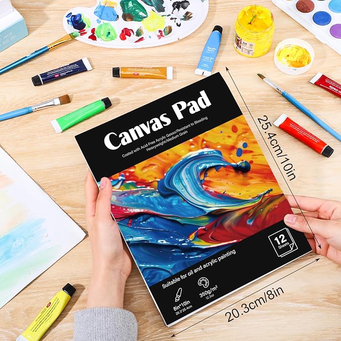 12 Sheets Canvas Paper Pad 8 x 10 in, 350 GSM, Glue Bound | Canvas Texture, Single-Sided Glue Binding, for Acrylic, Oil, Gouache and Marker, Portable for Travel Or Outdoor Sketching